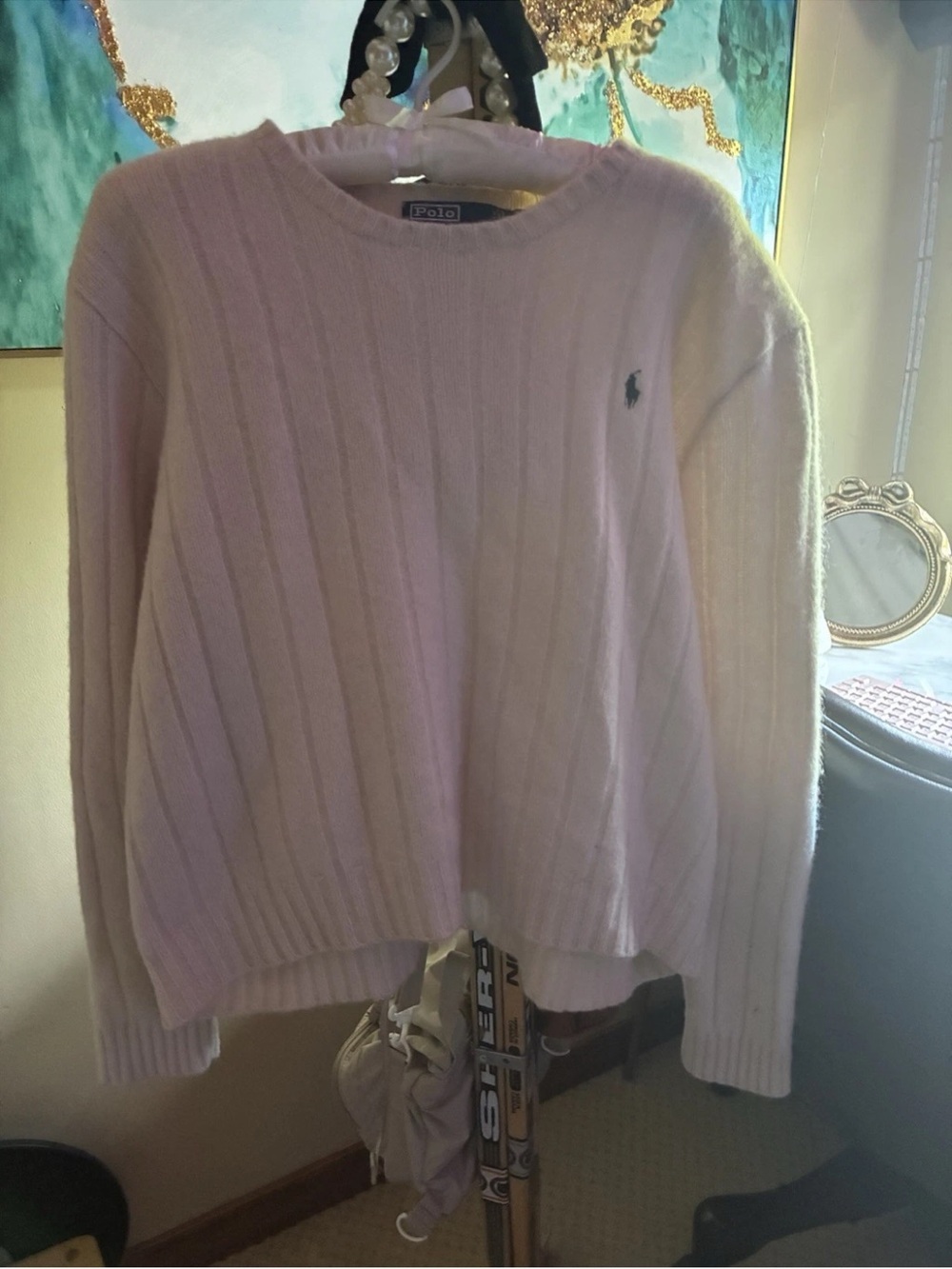 Ralph Lauren Women's Pale Pink Crewneck Cable Knit Sweater